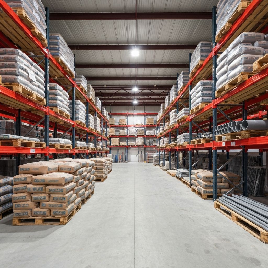 Vista interna do depósito com prateleiras organizadas